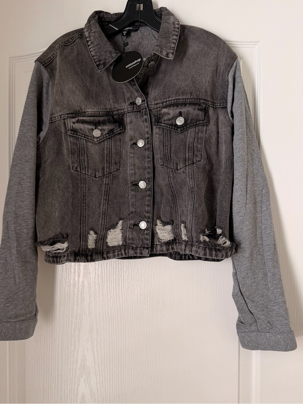 New Mittoshop Two-Tone Distressed Denim Jacket in Black and Gray
